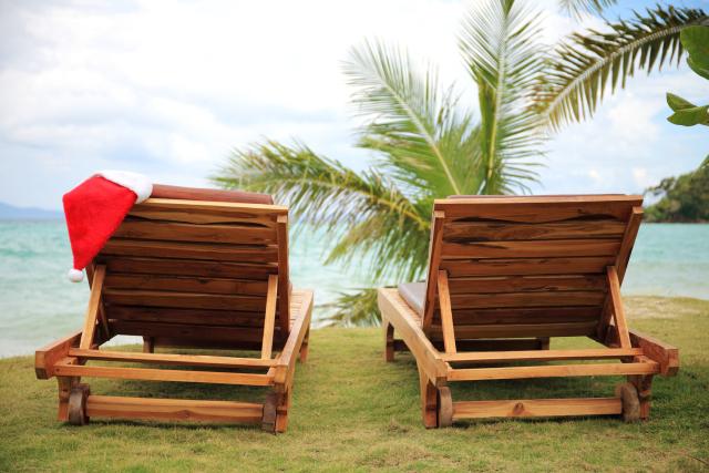 Christmas Santa Hat on Beach Chairs